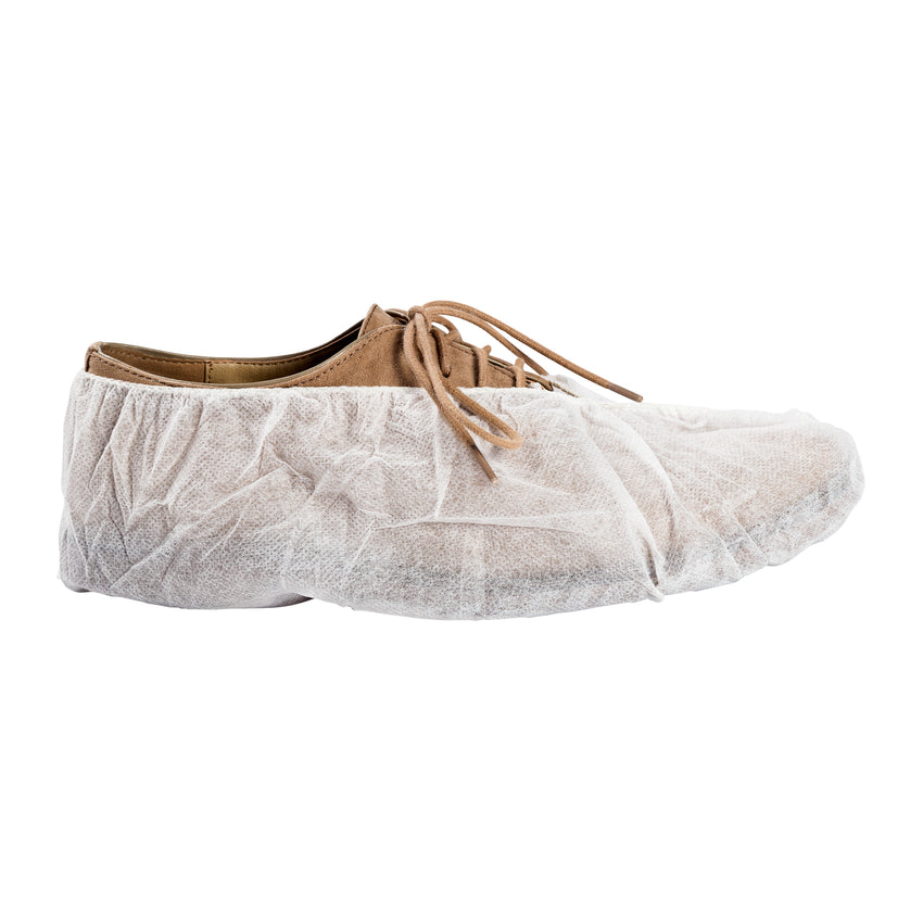 WHITE POLYPRO SHOE COVER NON SKID WITH WHITE TRED LARGE, On Shoe Side View