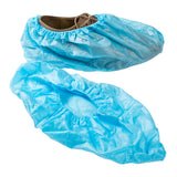 SUPER STICKY SHOE COVER 18.5" XL BLUE, On Shoe Side View And One Loose Shoe Cover