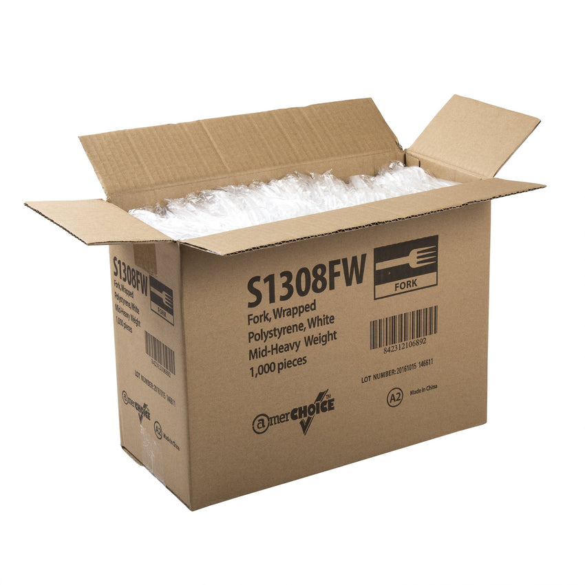 White Polystyrene Fork, Medium Heavy Weight, Individually Wrapped, Open Case