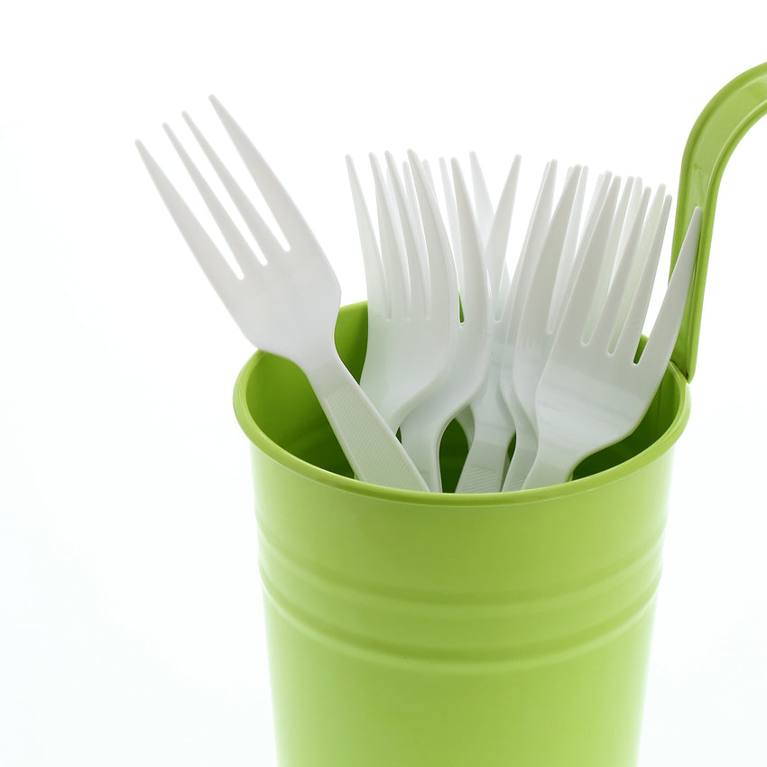 White Polystyrene Fork, Medium Heavy Weight, Image of Cutlery In A Cup