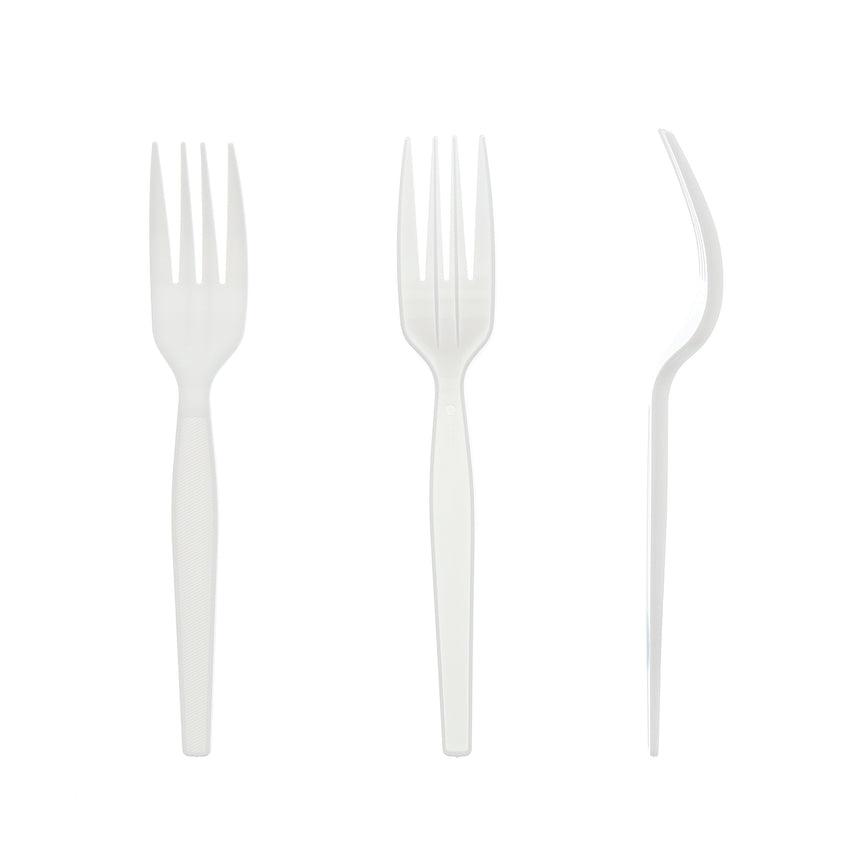 White Polystyrene Fork, Medium Heavy Weight, Three Forks Side by Side