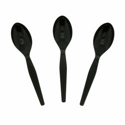 Black Polystyrene Teaspoon, Medium Heavy Weight, Three Teaspoons Fanned Out