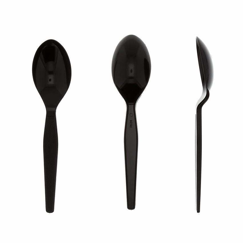 Black Polystyrene Teaspoon, Medium Heavy Weight, Three Teaspoons Side by Side