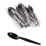 Black Polystyrene Teaspoon, Medium Heavy Weight, Individually Wrapped, Group Image With One Unwrapped Teaspoon