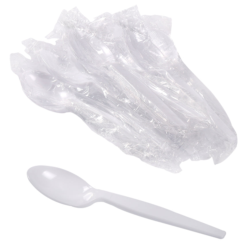 White Polystyrene Teaspoon, Medium Heavy Weight, Individually Wrapped, Group Image