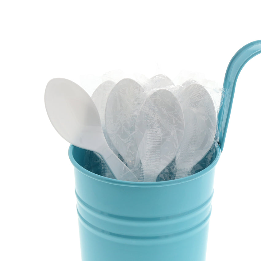 White Polystyrene Teaspoon, Medium Heavy Weight, Individually Wrapped, Image of Cutlery In A Cup