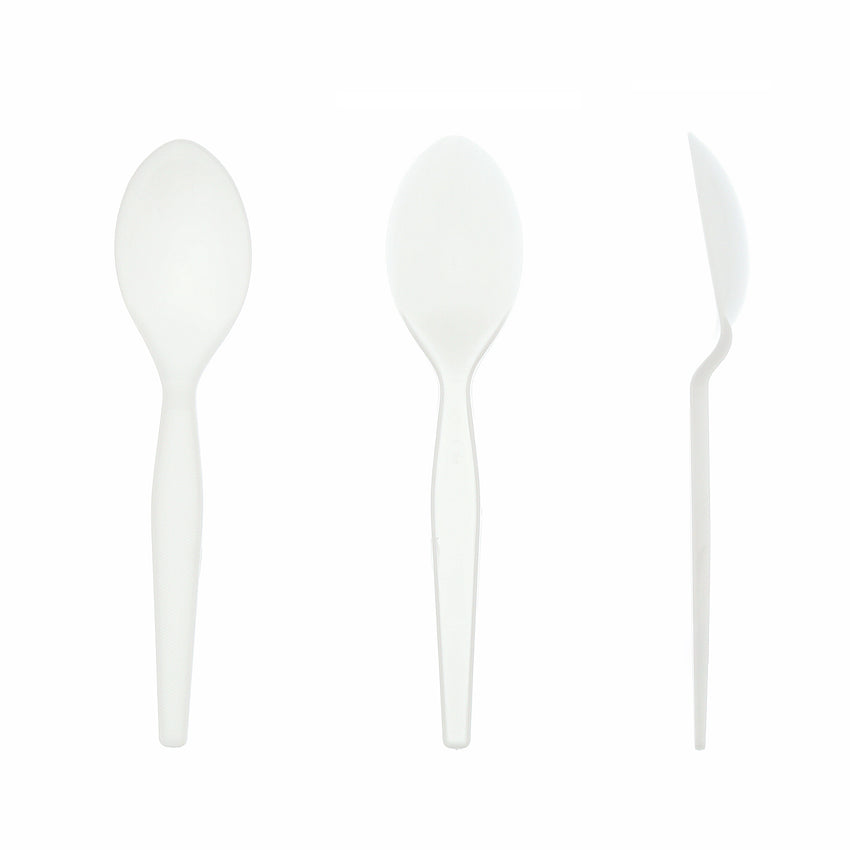 White Polystyrene Teaspoon, Medium Heavy Weight, Three Teaspoons Side by Side
