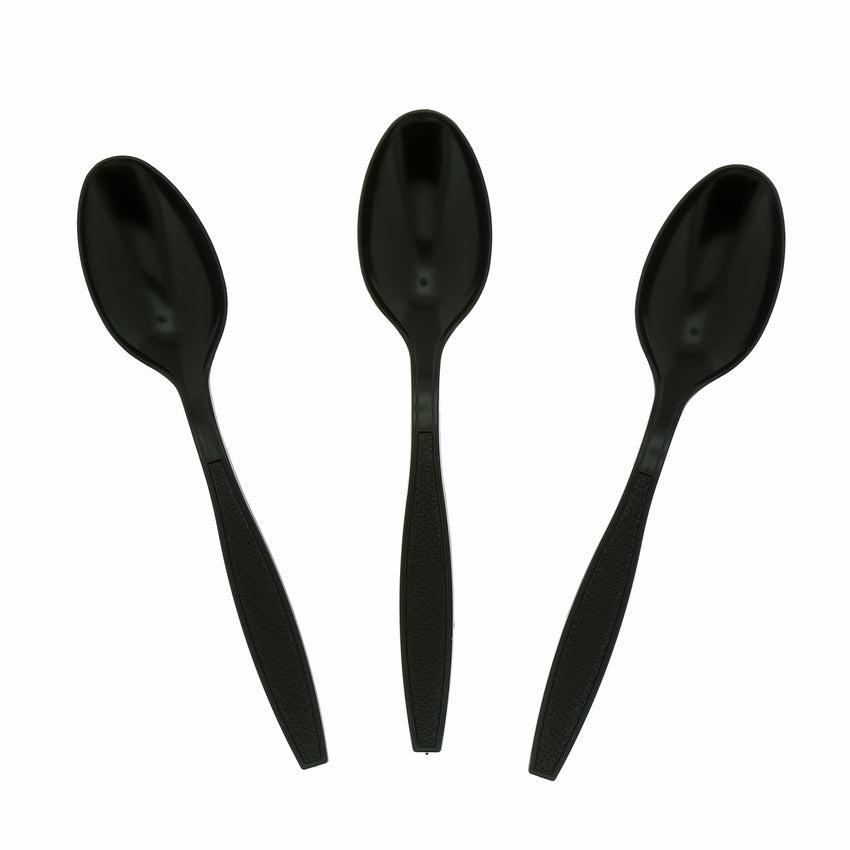 Black Polystyrene Teaspoon, Heavy Weight, Three Teaspoons Fanned Out