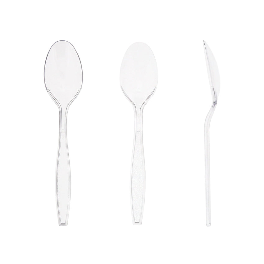 Clear Polystyrene Teaspoon, Heavy Weight, Three Teaspoons Side by Side