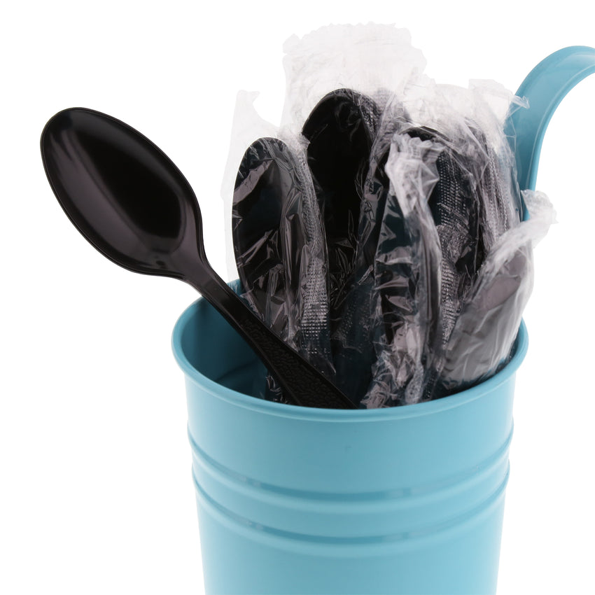 Black Polystyrene Teaspoon, Heavy Weight, Individually Wrapped, Image of Cutlery In A Cup