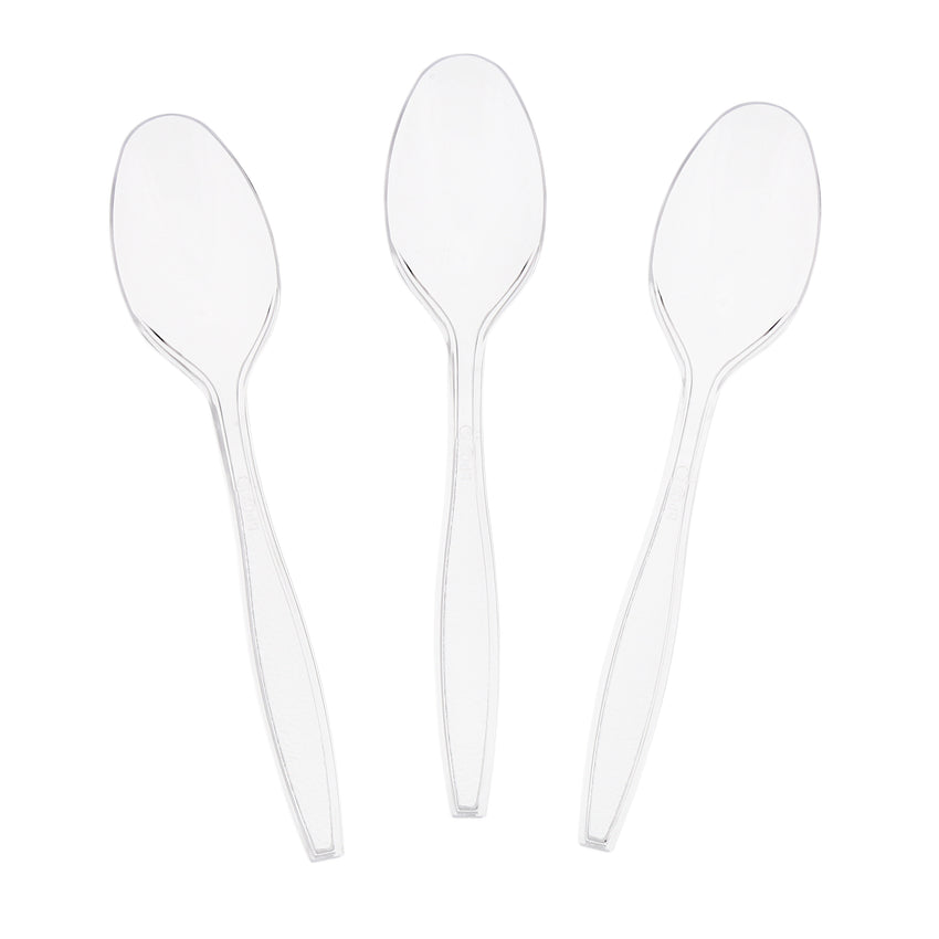 Clear Polystyrene Teaspoon, Heavy Weight, Three Teaspoons Fanned Out