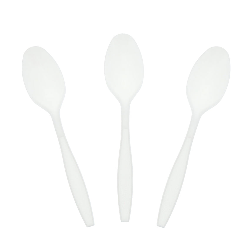White Polystyrene Teaspoon, Heavy Weight, Three Teaspoons Fanned Out
