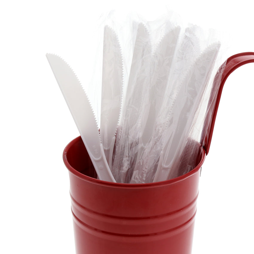 White Polystyrene Knife, Medium Heavy Weight, Individually Wrapped, Image of Cutlery In A Cup