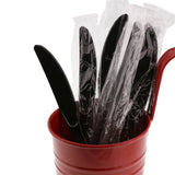 Black Polystyrene Knife, Heavy Weight, Individually Wrapped, Image of Cutlery In A Cup