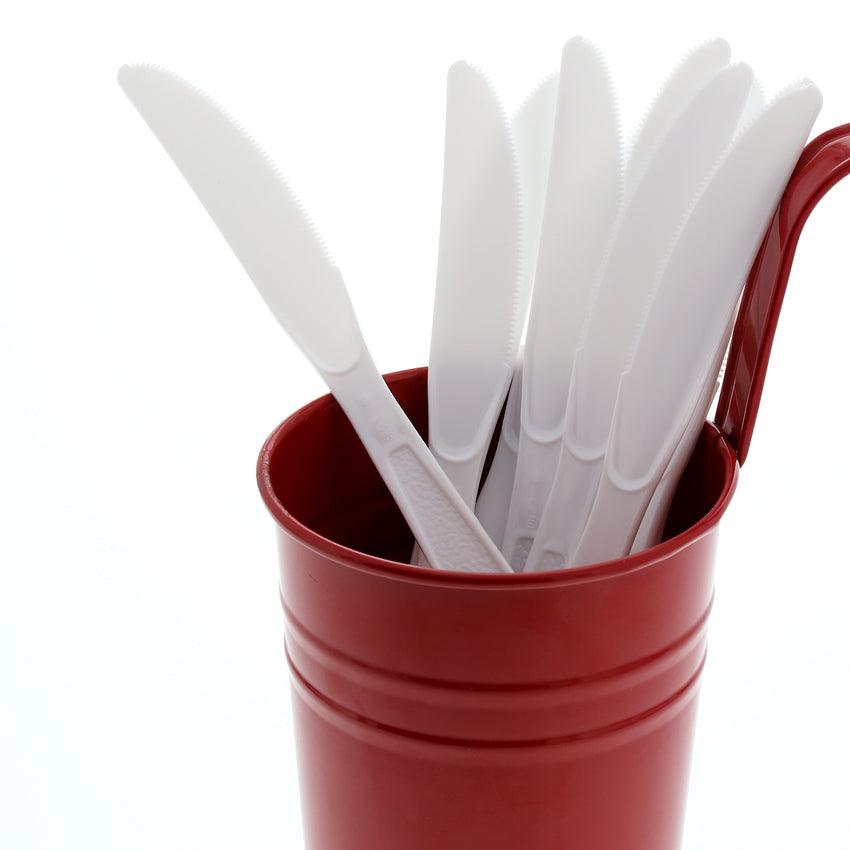 White Polystyrene Knife, Heavy Weight, Image of Cutlery In A Cup