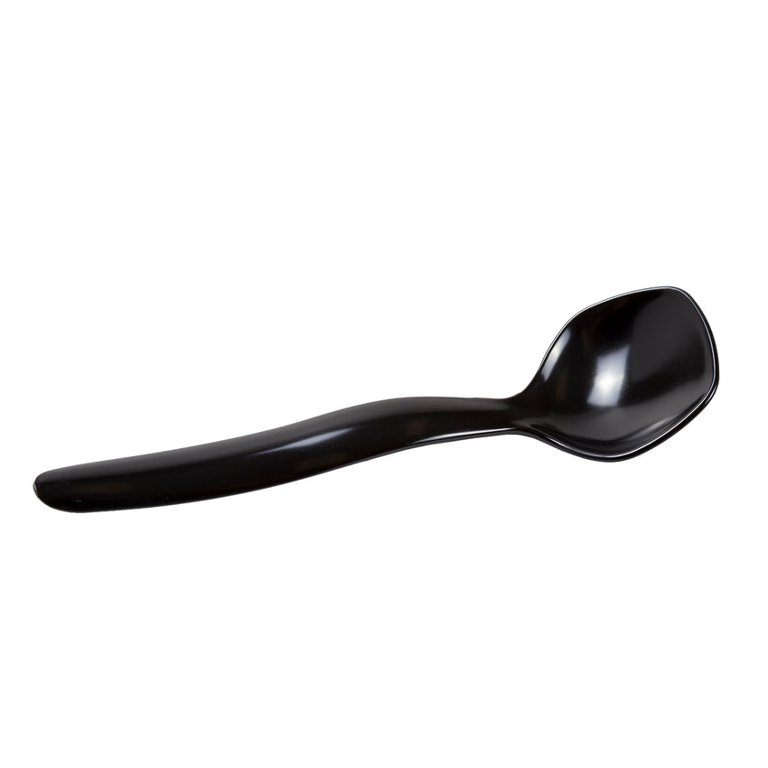 8.25" Black Polystyrene Serving Spoon, Individually Wrapped, Angled View Of Unwrapped Spoon