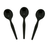 Black Polystyrene Soup Spoon, Medium Heavy Weight, Three Spoons Fanned Out