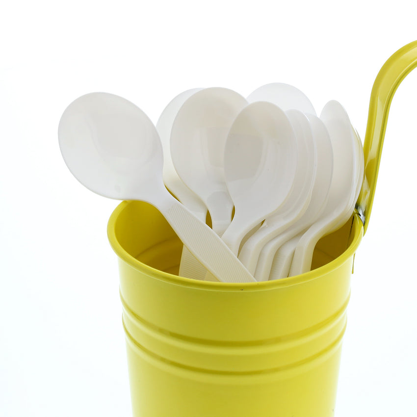 White Polystyrene Soup Spoon, Medium Heavy Weight, Image of Cutlery In A Cup
