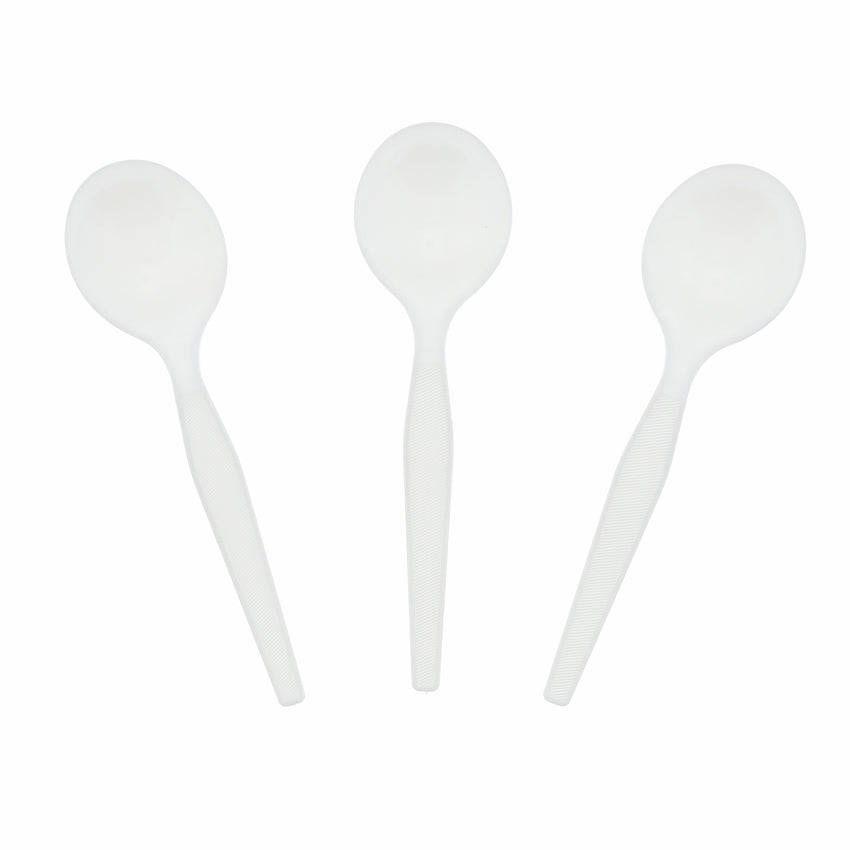White Polystyrene Soup Spoon, Medium Heavy Weight, Three Spoons Fanned Out