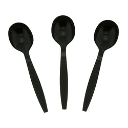 Black Polystyrene Soup Spoon, Heavy Weight, Three Spoons Fanned Out