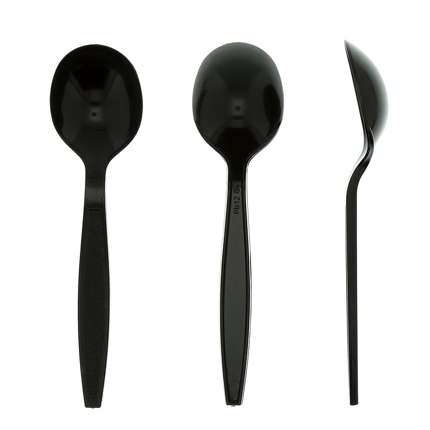 Black Polystyrene Soup Spoon, Heavy Weight, Three Spoons Side by Side