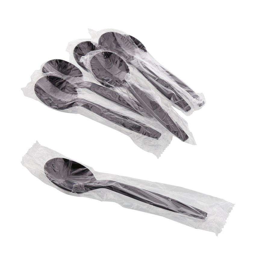 Black Polystyrene Soup Spoon, Heavy Weight, Individually Wrapped, Group Image