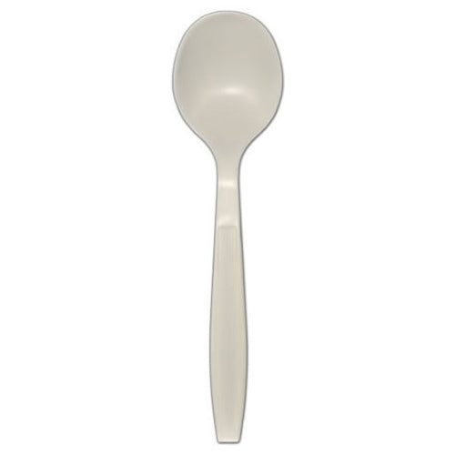 White Polystyrene Soup Spoon, Heavy Weight, Individually Wrapped, View Of Unwrapped Spoon