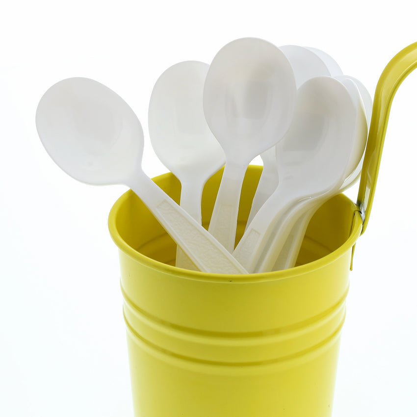 White Polystyrene Soup Spoon, Heavy Weight, Image of Cutlery In A Cup