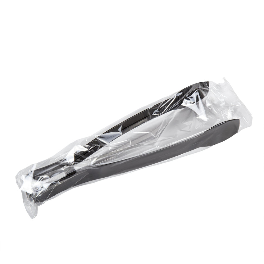9" Black Polystyrene Tongs, Individually Wrapped, Angled View