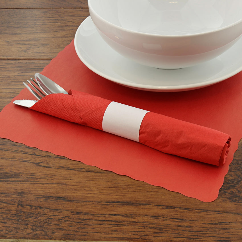 RED PLACEMAT 13.5" X 9.5" SCALLOPED, Placemat With Dinnerware and Utensils On Top
