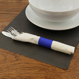 BLACK PLACEMAT 13.5" X 9.5" SCALLOPED, Placemat With Dinnerware and Utensils On Top