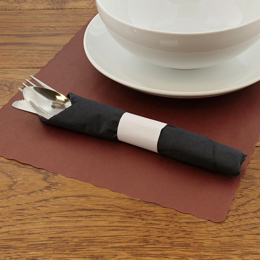 BURGUNDY PLACEMAT 13.5" X 9.5" SCALLOPED, Placemat With Dinnerware and Utensils On Top