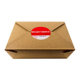 3" CIRCLE SECURITY SEAL LABEL, overhead on takeout box