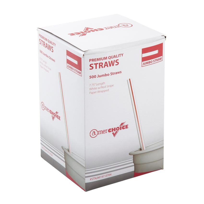 7.75" Jumbo White With Red Stripe Straw, Paper Wrapped, Inner Package
