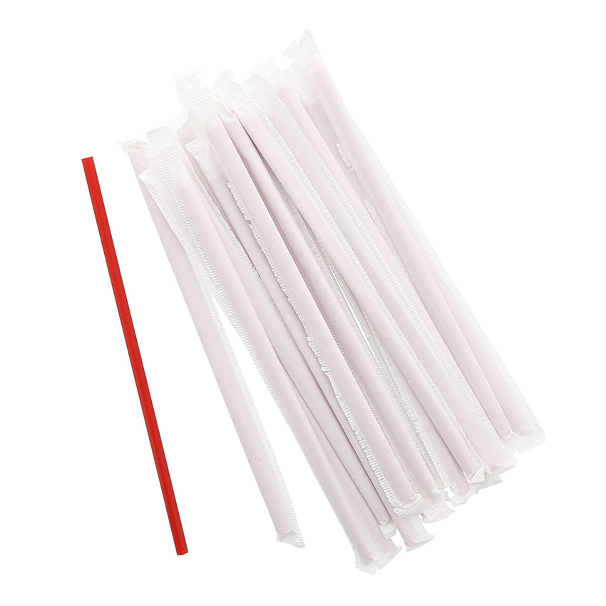 7.75" Jumbo Red Straw, Paper Wrapped, Group Image, Wrapped and Unwrapped Straws