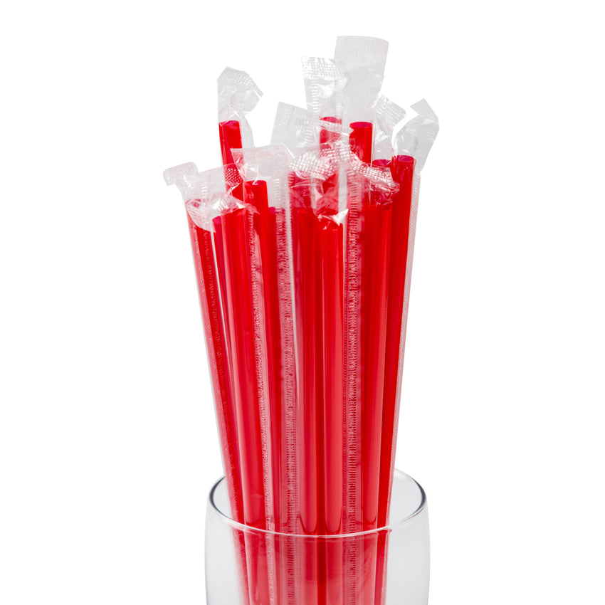 10.25" Giant Straw, Red, Poly Wrapped, Detailed View Of Wrapped Straws In A Glass