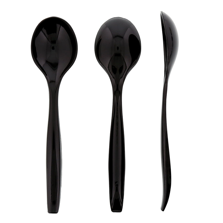 10" Black Extra Heavy Weight Polystyrene Serving Spoon, Front, Back and Side View