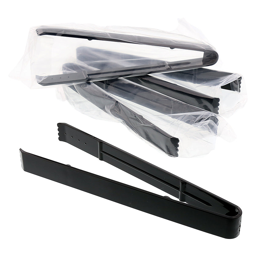 9" Black Polystyrene Tongs, Extra Heavy Weight, Individually Wrapped and View of Unwrapped Product
