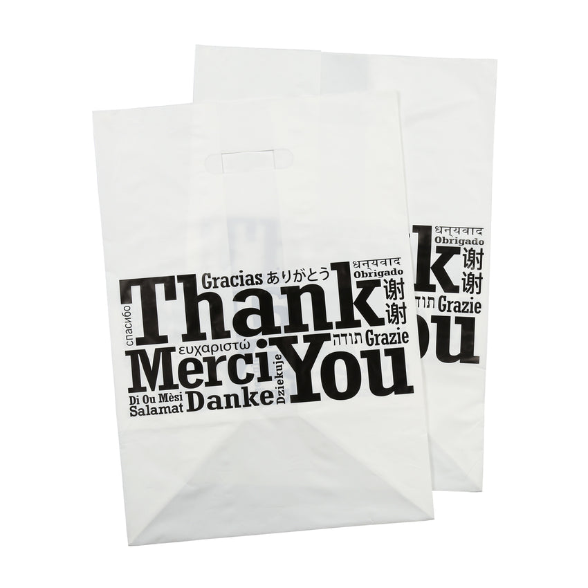 DIE CUT HANDLED MULTILINGUAL SHOPPING BAG 12" X 10" X 17", Two Bags Stacked