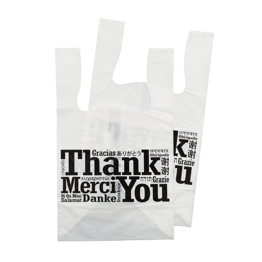 FLAT BOTTOM MULTILINGUAL T-SHIRT BAG 11.5" X 10.5" X 19", Two Bags Stacked