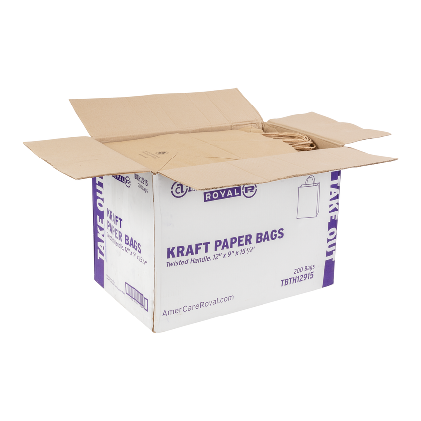 TWISTED HANDLE KRAFT PAPER BAG 12" X 9" X 15.75", Case Open