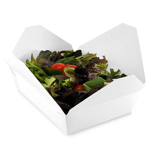 White Folded Takeout Box, 7-3/4" x 5-1/2" x 1-7/8", with food