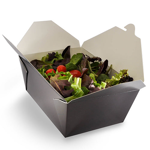 Black Folded Takeout Box, 7-3/4" x 5-1/2" x 3-1/2", with food