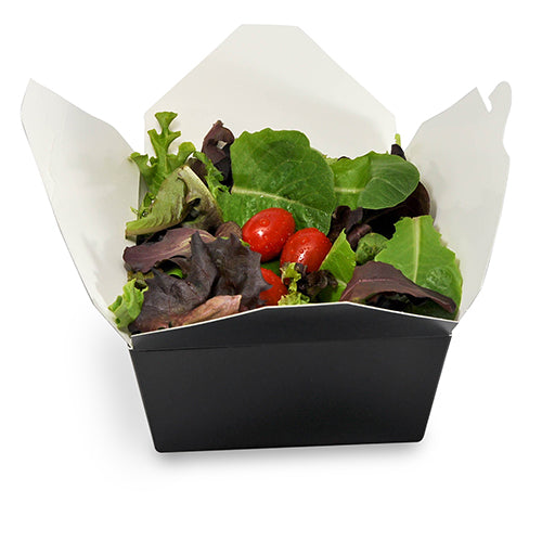 Black Folded Takeout Box, 6" x 4-3/4" x 2-1/2", with food