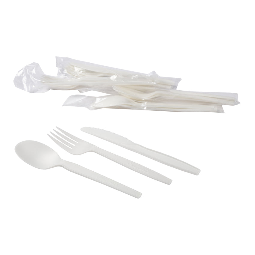 CPLA Wrapped Cutlery Kits, Pile of Kits and Unwrapped Spoon, Fork and Knife
